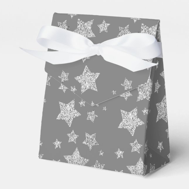 Silver glitter sparkles Stars pattern light grey Favor Box (Front Side)