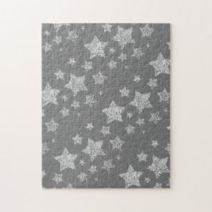Silver glitter sparkles Stars pattern light grey Jigsaw Puzzle