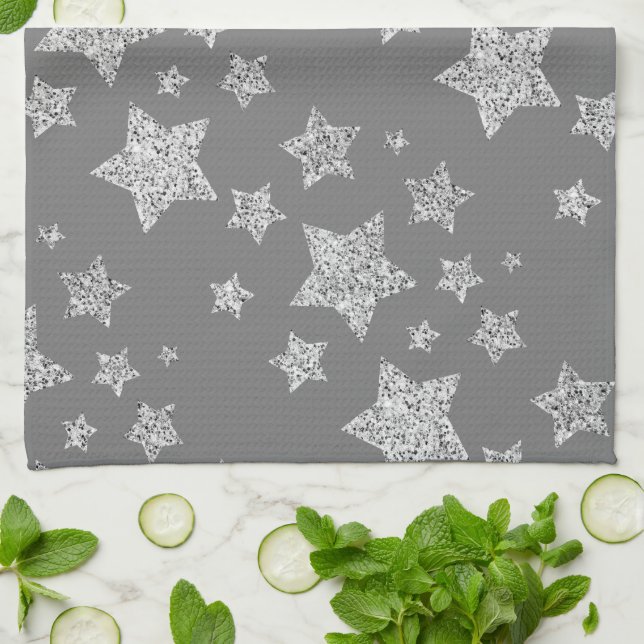 Silver glitter sparkles Stars pattern light grey Kitchen Towel (Folded)