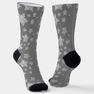 Silver glitter sparkles Stars pattern light grey Socks