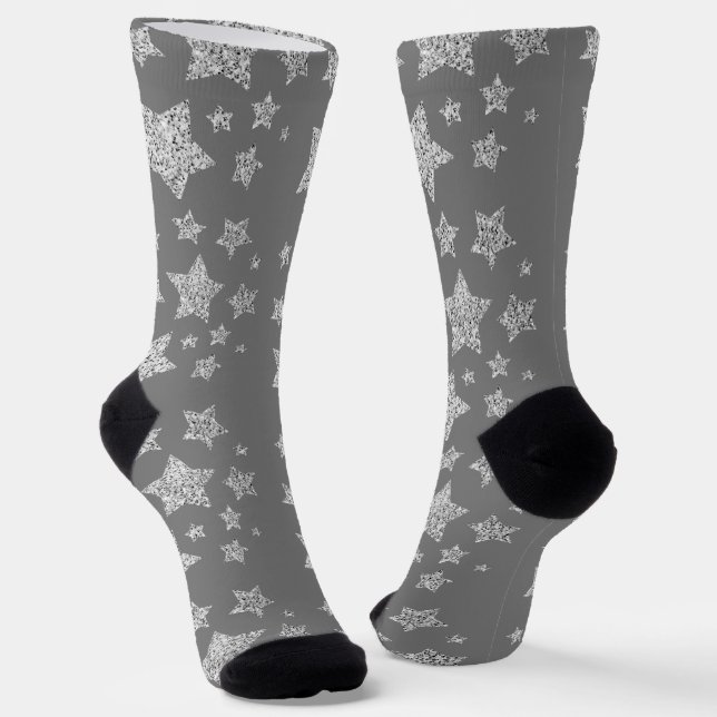 Silver glitter sparkles Stars pattern light grey Socks (Angled)