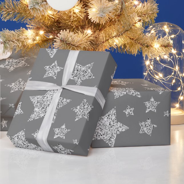 Silver glitter sparkles Stars pattern light grey Wrapping Paper (Holidays)