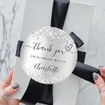 Silver glitter sparkles thank you  classic round sticker<br><div class="desc">Faux silver background,  decorated with faux glitter,  sparkles.  With the text: Thank you for celebrating with me,  with a small heart.   Personalize and add your name.</div>