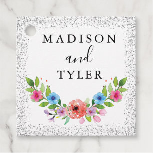 Silver Glitter Sparkles Watercolor Floral Wreath Favour Tags