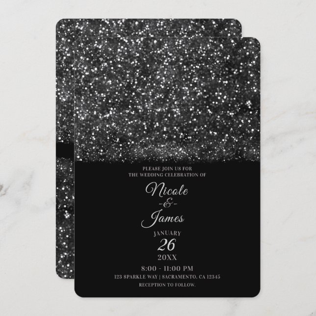 Silver Glitter Sparkling Lights Wedding Invitation (Front/Back)