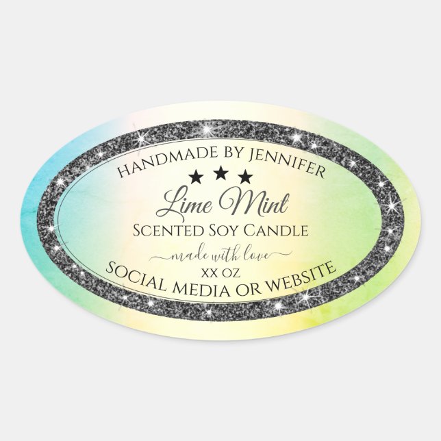 Silver Glitter Stars Product Labels Teal Yellow (Front)