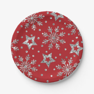 Silver Glitter Stars & Snowflakes Paper Plate