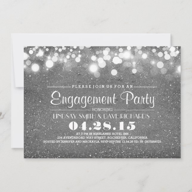 silver glitter & string lights engagement party invitation (Front)
