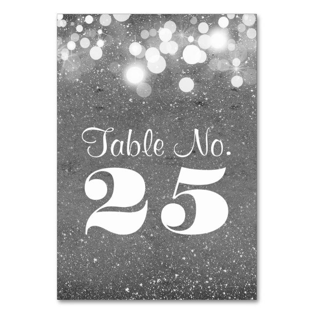 Silver glitter string lights table number cards (Front)
