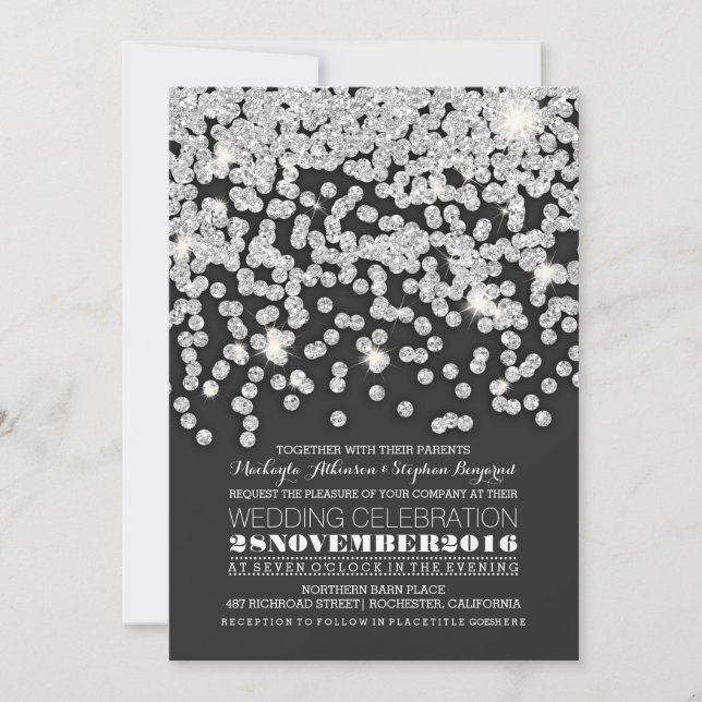 silver glitter string lights wedding invitation (Front)