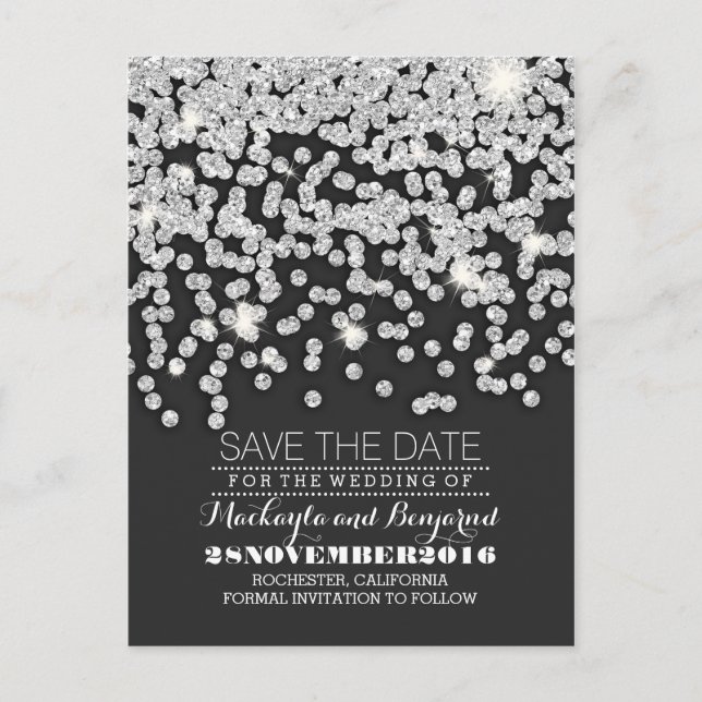 Silver glitter string of lights save the date announcement postcard (Front)