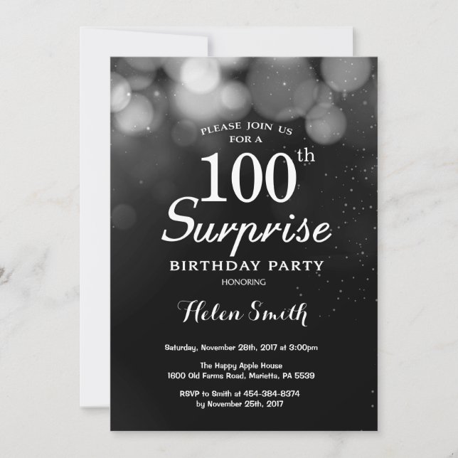Silver Glitter Surprise 100th Birthday Invitation (Front)