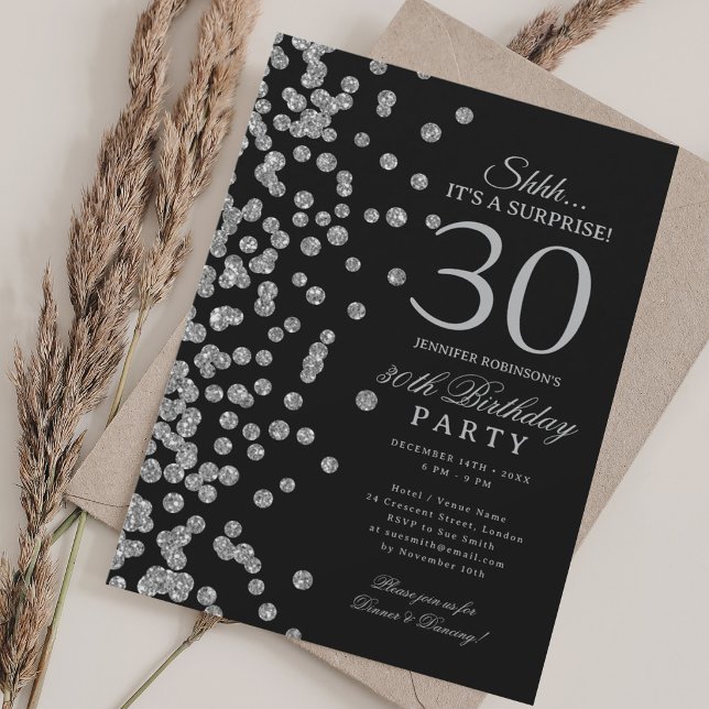 Silver Glitter Surprise 30th Birthday Black Invitation (Silver Glitter Surprise 30th Birthday Black Invitation)