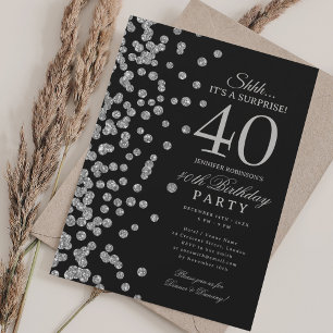 Silver Glitter Surprise 40th Birthday Black Invitation