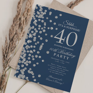 Silver Glitter Surprise 40th Birthday Navy Blue Invitation