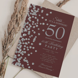  Silver Glitter Surprise 50th Birthday Burgundy  Invitation