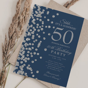 Silver Glitter Surprise 50th Birthday Navy Blue Invitation