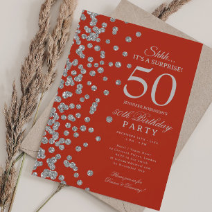  Silver Glitter Surprise 50th Birthday Party Red  Invitation