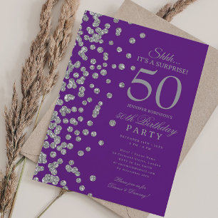  Silver Glitter Surprise 50th Birthday Purple  Invitation