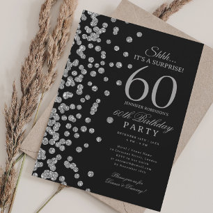 Silver Glitter Surprise 60th Birthday Party Black Invitation