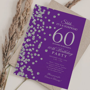 Silver Glitter Surprise 60th Birthday Purple Invitation