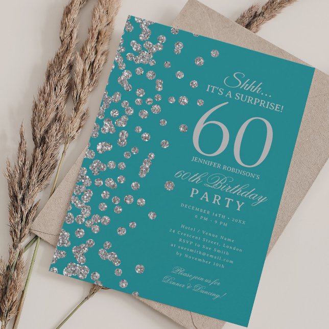 Silver Glitter Surprise 60th Birthday Teal  Invitation (Creator Uploaded)
