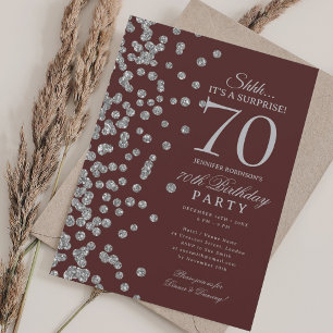  Silver Glitter Surprise 70th Birthday Burgundy  Invitation