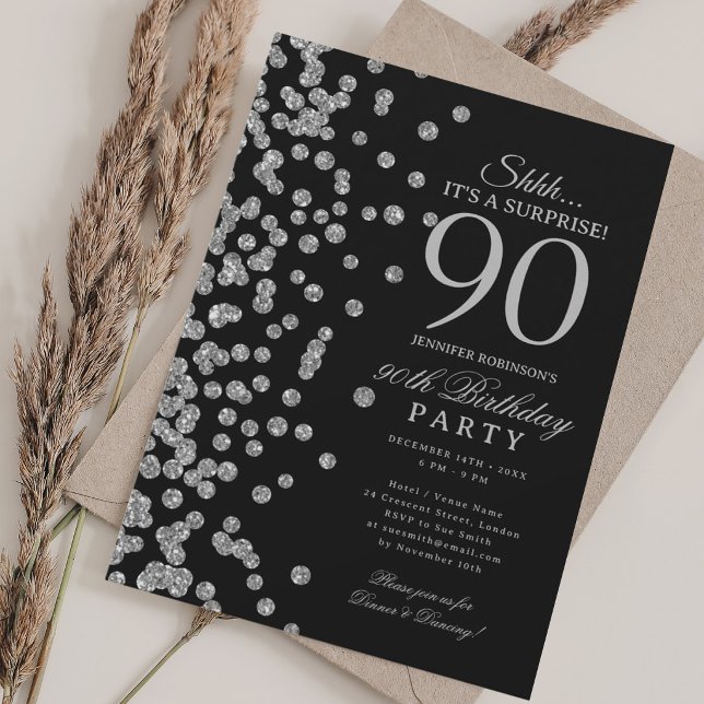  Silver Glitter Surprise 90th Birthday Black Invitation (Silver Glitter Surprise 90th Birthday Black Invitation)