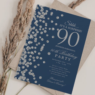 Silver Glitter Surprise 90th Birthday Navy Blue Invitation