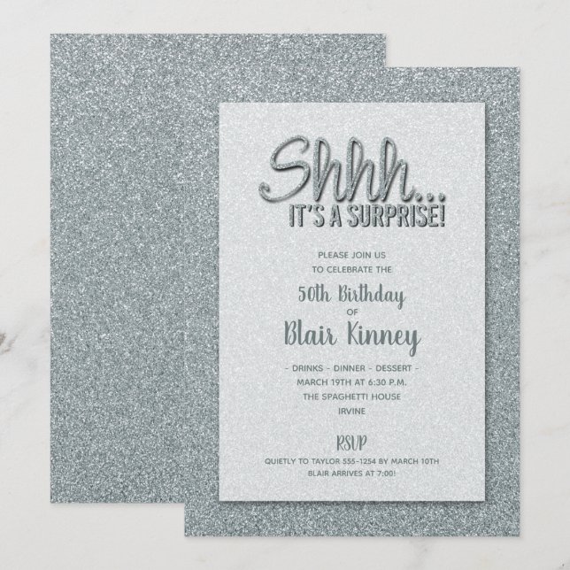 Silver Glitter SURPRISE Birthday Invitation (Front/Back)
