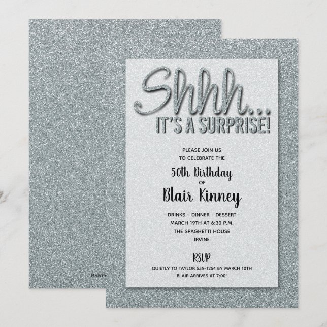 Silver Glitter SURPRISE Birthday Invitations (Front/Back)