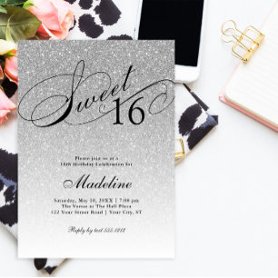 Silver Glitter Sweet 16 Fancy Script Invitation