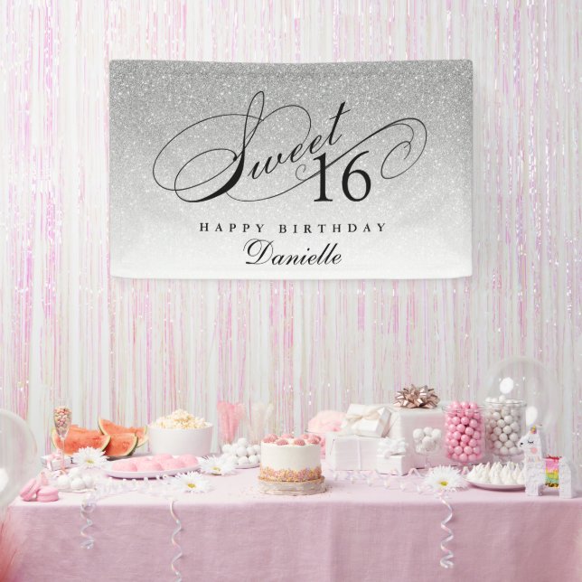 Silver Glitter Sweet 16 Personalized Birthday  Banner (Party)