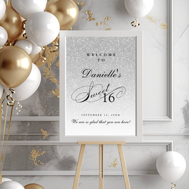 Silver Glitter Sweet 16 Personalized Welcome Poster (Creator Uploaded)