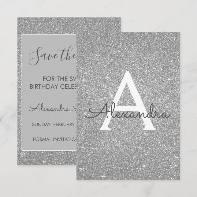 Silver Glitter Sweet 16 Save the Date Invitation (Front/Back)