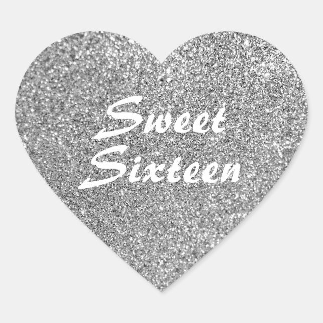 Silver Glitter Sweet Sixteen Heart Sticker (Front)