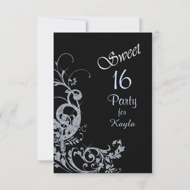 Silver Glitter Swirl Sweet 16 Party Invitation (Front)