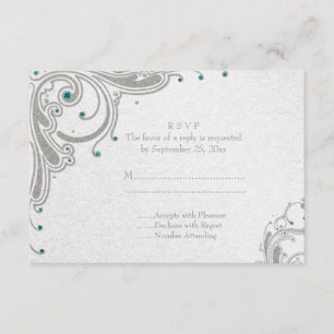 Silver glitter swirls + aqua jewels wedding RSVP