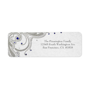 Silver glitter swirls + blue jewels address label