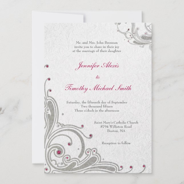 Silver glitter swirls + pink jewels wedding invite (Front)