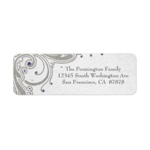 Silver glitter swirls + purple jewel address label
