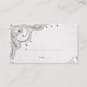 Silver glitter swirls + purple jewel place card