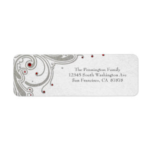 Silver glitter swirls + red jewels address label