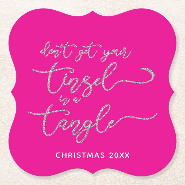 Silver Glitter Tangled Tinsel Paper Coaster (Front)