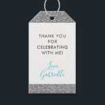 Silver Glitter Teal Blue Thank You Favour Tag<br><div class="desc">Printed Silver Grey Sparkly Glitter stripe accents a favour or gift tag coordinated to match our Mitzvah Suite (see Paper Grape Designer Shop Link for details and matching items). A sparkly-looking addition to any silver or grey theme Bat Mitzvah, Sweet 16, Quinceanera or Birthday party and for baby and bridal...</div>