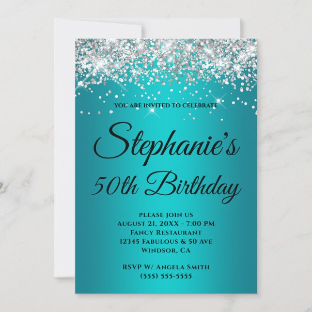 Silver Glitter Teal Blue Turquoise Gradient Invitation (Front)