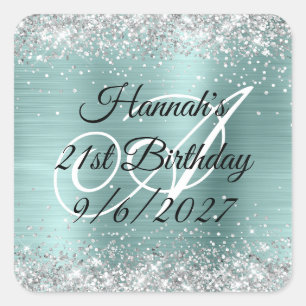 Silver Glitter Teal Foil Monogram 21st Birthday Square Sticker