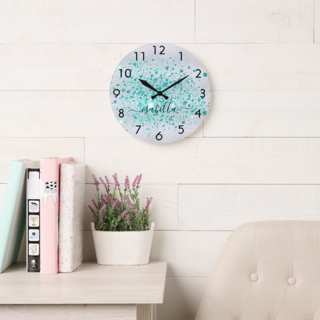 Silver glitter teal green name script large clock (Reading Room)