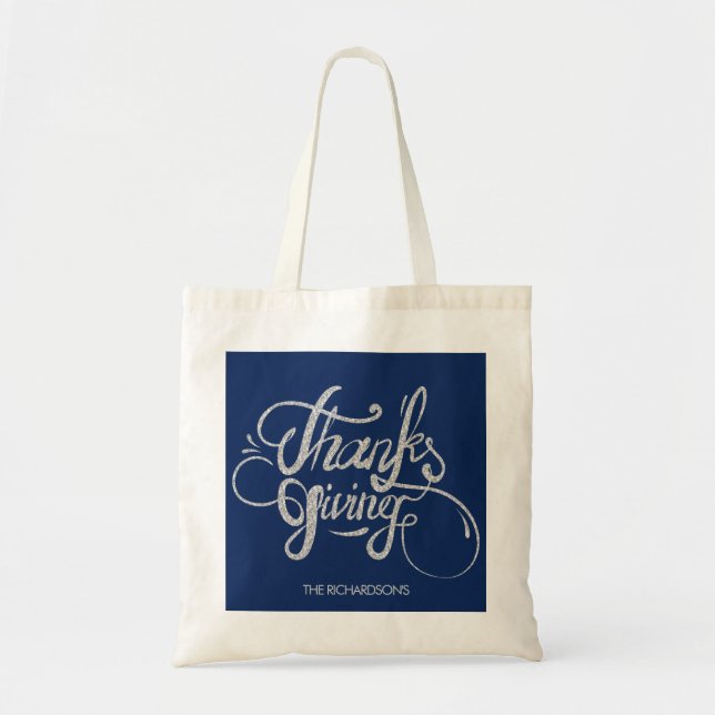 Silver Glitter Text Design- Thanksgiving Tote Bag (Front)