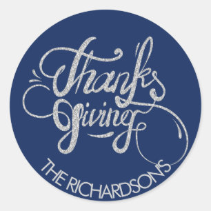 Silver Glitter Text- Thanksgiving Classic Round Sticker